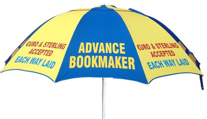 Blue and yellow racecourse bookmakers umbrella with betting advertisement text on a white background