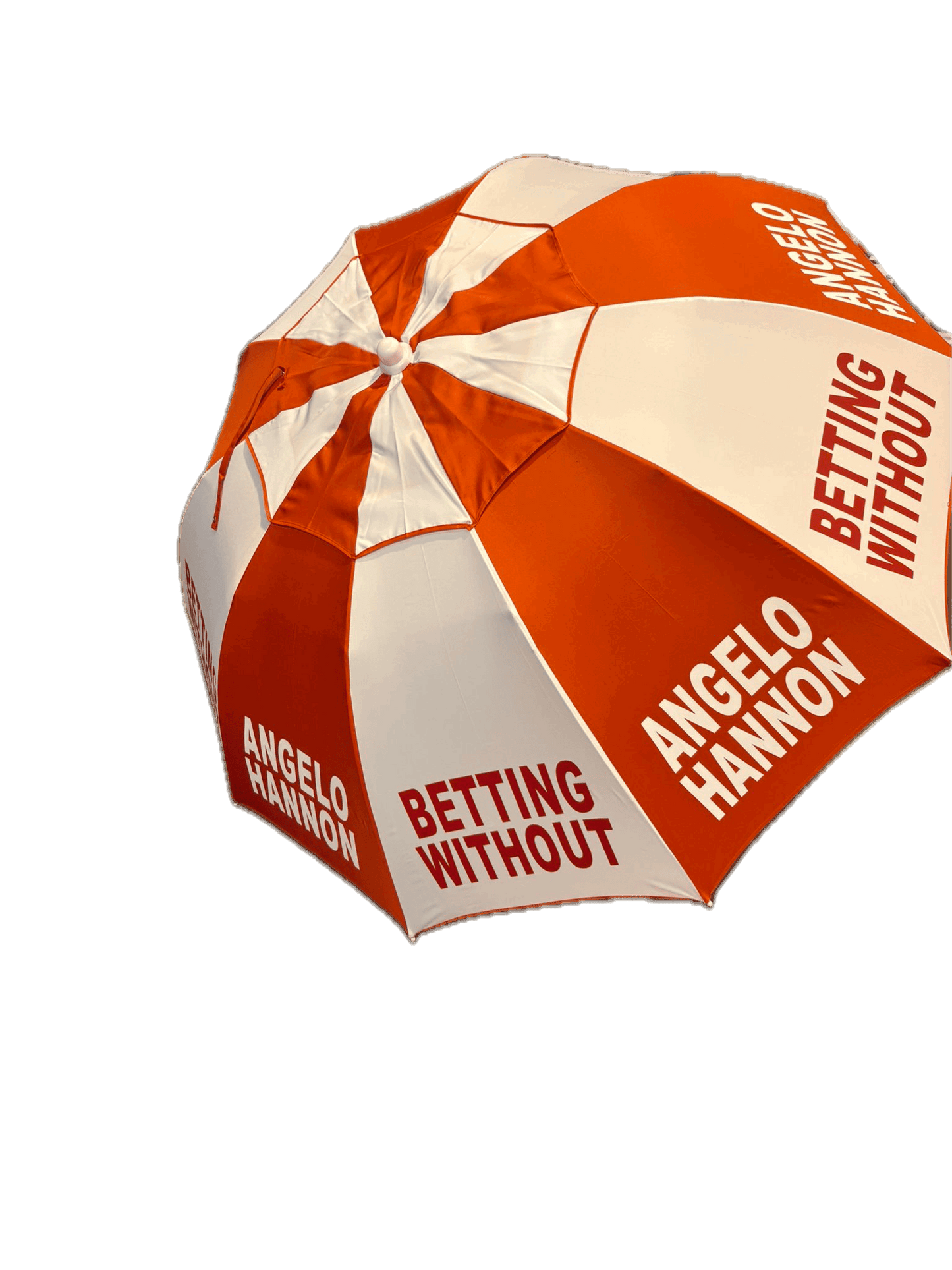 Red and white umbrella with 'Angelo Hannon Betting Without' text on a transparent background