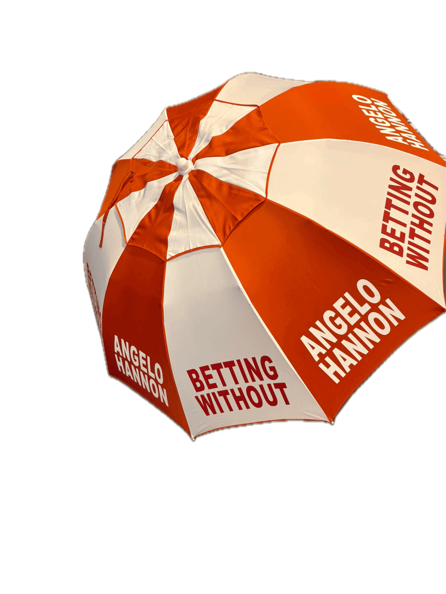 Red and white umbrella with 'Angelo Hannon Betting Without' text on a transparent background
