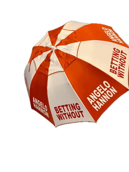 Red and white umbrella with 'Angelo Hannon Betting Without' text on a transparent background