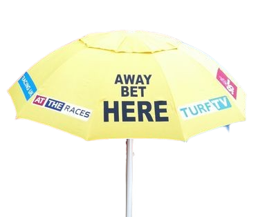 Yellow Bookmakers racecourse umbrella with betting advertisement text on a white background