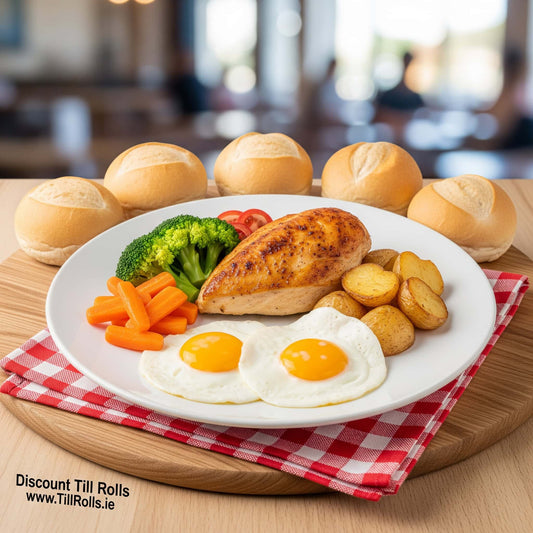 Bagasse Plate of food with eggs, chicken, vegetables, and bread on a checkered cloth.
