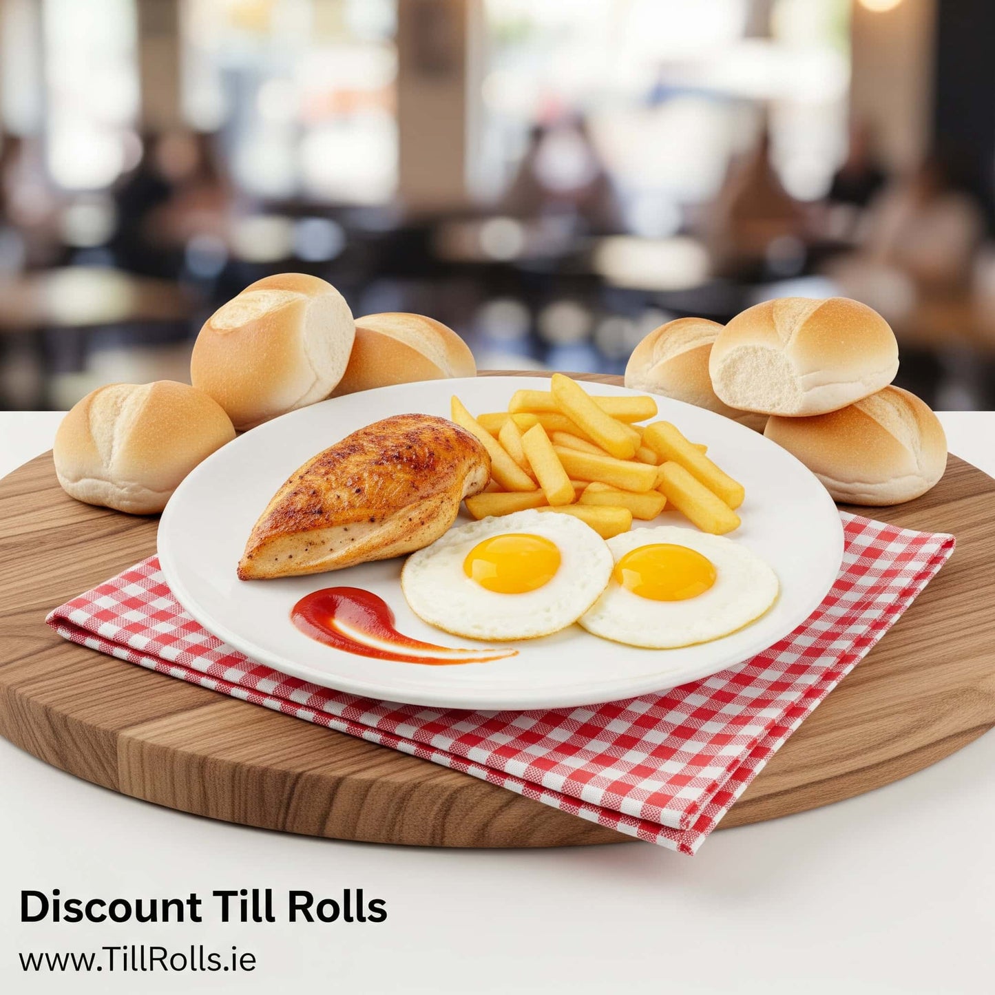 Bagasse Breakfast plate with eggs, chicken, and fries on a checkered cloth with Till Rolls branding.