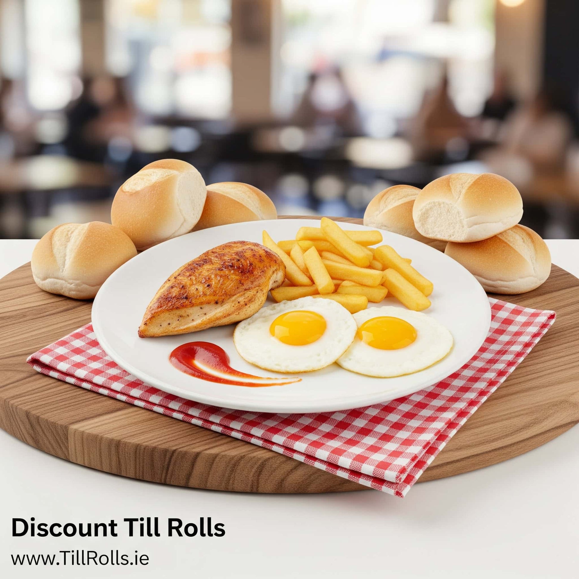 Bagasse Breakfast plate with eggs, chicken, and fries on a checkered cloth with Till Rolls branding.