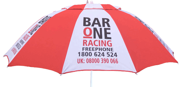 Red and white umbrella with Bar One Racing branding on a white background