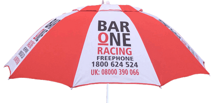 Red and white umbrella with Bar One Racing branding on a white background