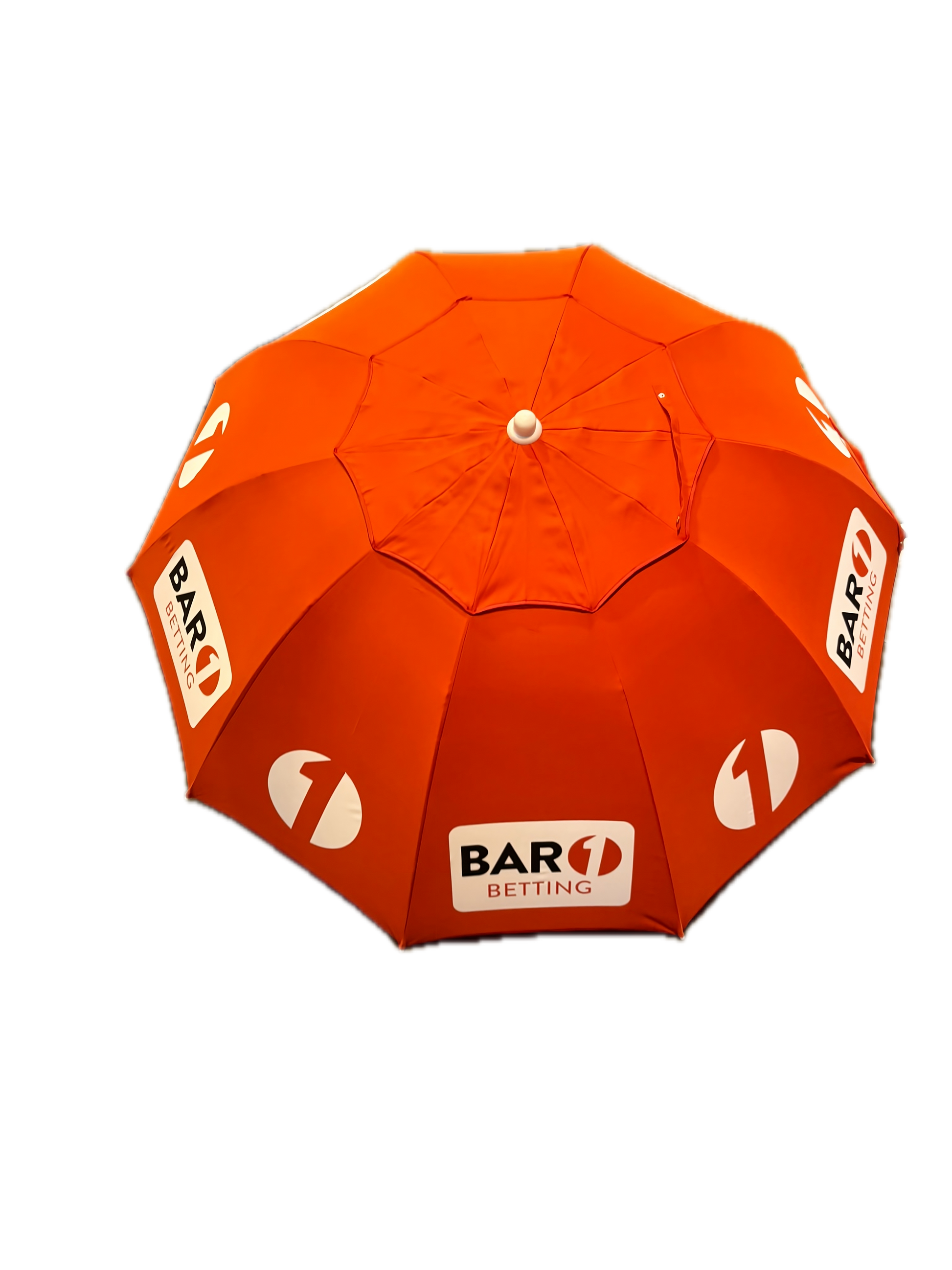 Top view of a red bookmakers umbrella with BAR 1 Betting logos on a white background