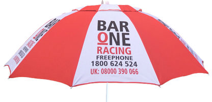 Red and white umbrella with Bar One Racing branding on a white background