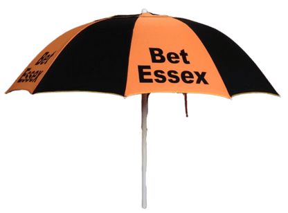 racecourse bookmakers Umbrella with 'Bet Essex' branding on an orange and black background