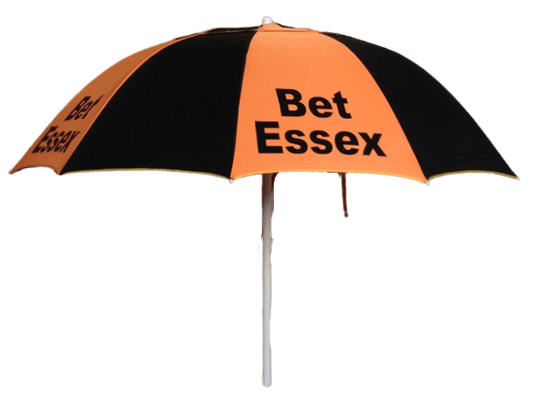 racecourse bookmakers Umbrella with 'Bet Essex' branding on an orange and black background