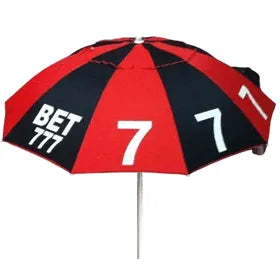 Red and black umbrella with 'BET 777' text on a white background