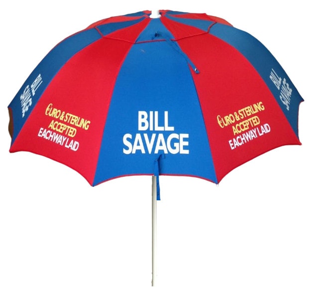Branded "BILL SAVAGE" Red and blue racecourse bookmaker umbrella with text on a white background