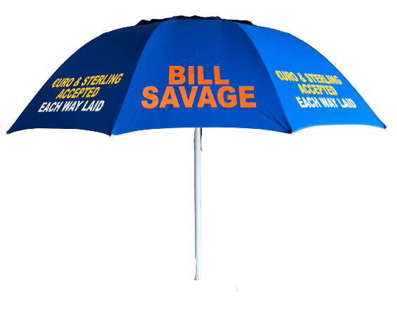 Side view of a 10 panel printed " BILL SAVAGE "racecourse bookmakers blue umbrella