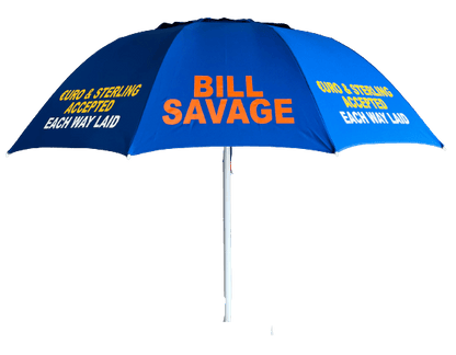 Side view of a 10 panel printed " BILL SAVAGE "racecourse bookmakers blue umbrella