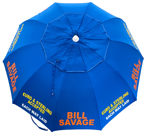 top view of a branded 10 panel print BILL SAVAGE Blue racecourse bookmakers umbrella