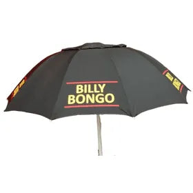 Black racecourse bookmaker umbrella with 'Billy Bongo' branding on a white background