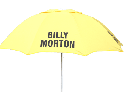 Yellow Bookmakers racecourse umbrella with 'BILLY MORTON' branding on a white background