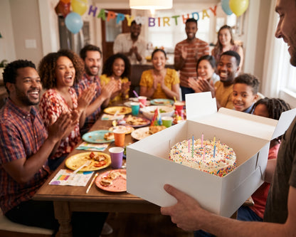 A person holding an open white cake box with a frosted birthday cake and lit candles, surrounded by a group of happy people clapping and celebrating at a dinner table with a colorful 'Happy Birthday' banner in the background.