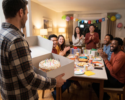 A man in a plaid shirt holds an open white cake box containing a frosted birthday cake with lit candles, while a group of friends and family celebrate around a dining table decorated with balloons and a 'Happy Birthday' banner.