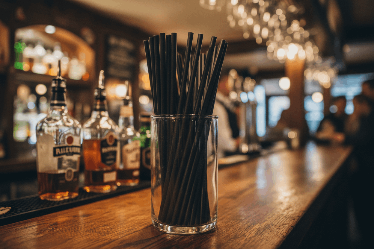 Black Compostable Paper Straws in glass container on pub bar counter