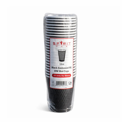Pack of black hot cups with a Spirit Park label on a white background
