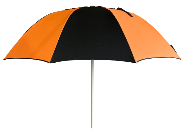 Orange and black racecourse bookmakers umbrella on a white background