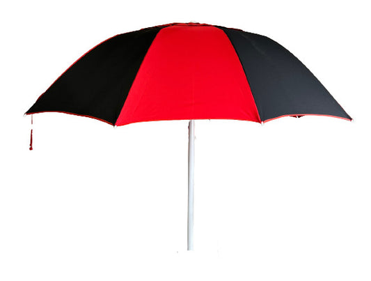 Red and black racecourse bookmaker umbrella on a white background
