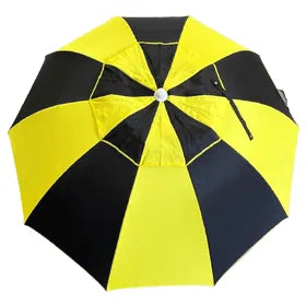 Yellow and black bookmakers racecourse   umbrella top view on a white background