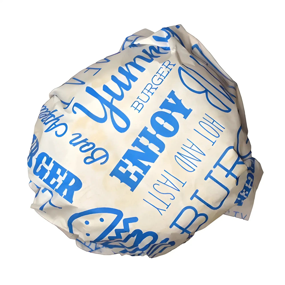 Wrapped burger with Blue Compostable Burger Wrap 25x33cm on a white background