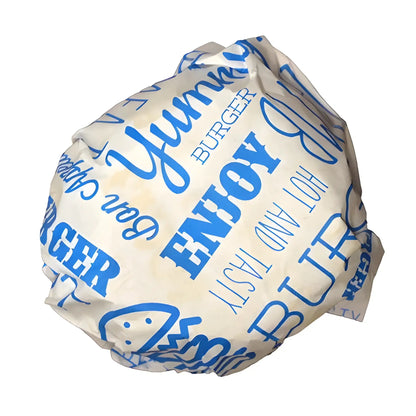 Wrapped burger with Blue Compostable Burger Wrap 25x33cm on a white background
