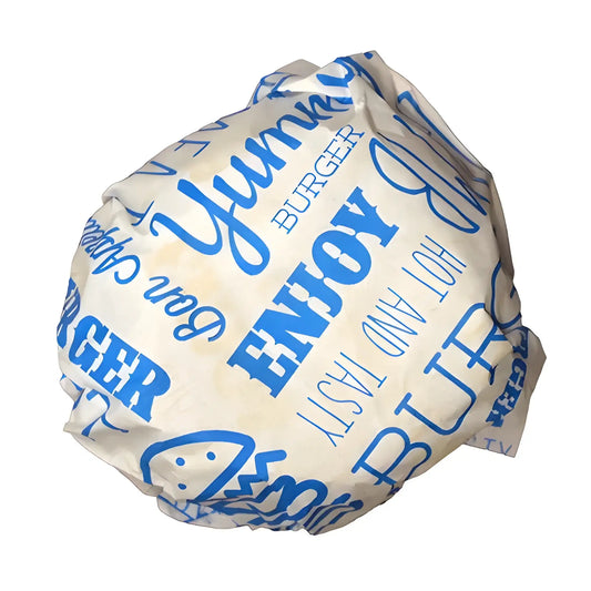 Wrapped burger with Blue Compostable Burger Wrap 25x33cm on a white background