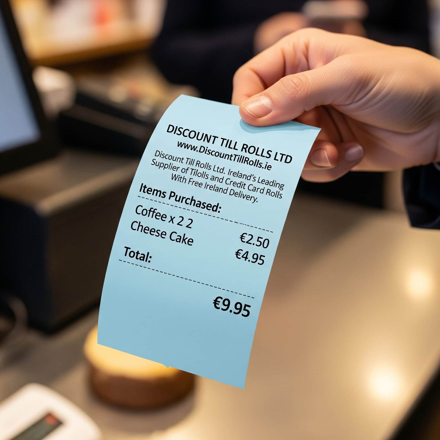 customer holding a blue 80mm thermal till rolls receipt