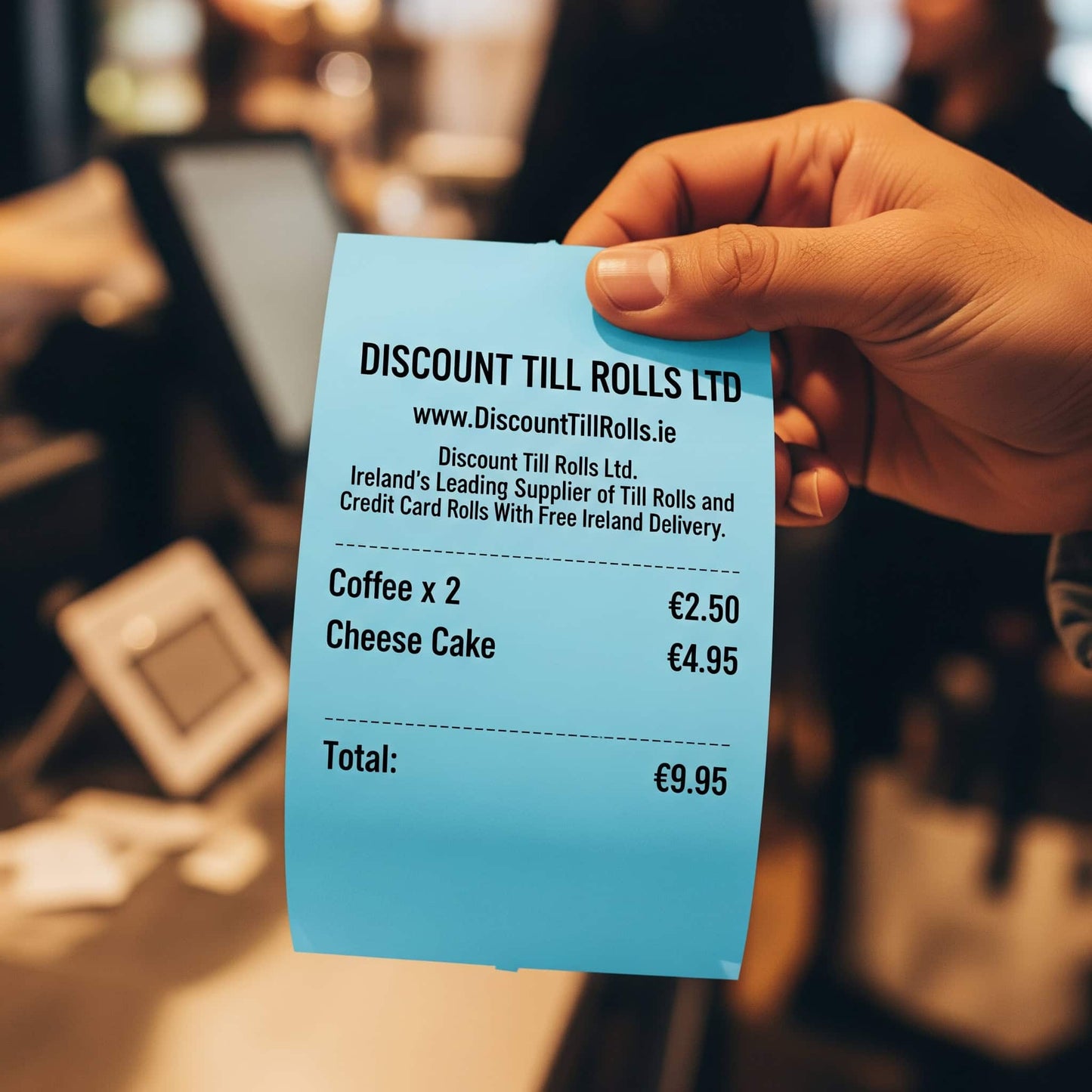 close up of a customer hold a blue 800mm thermal receipt