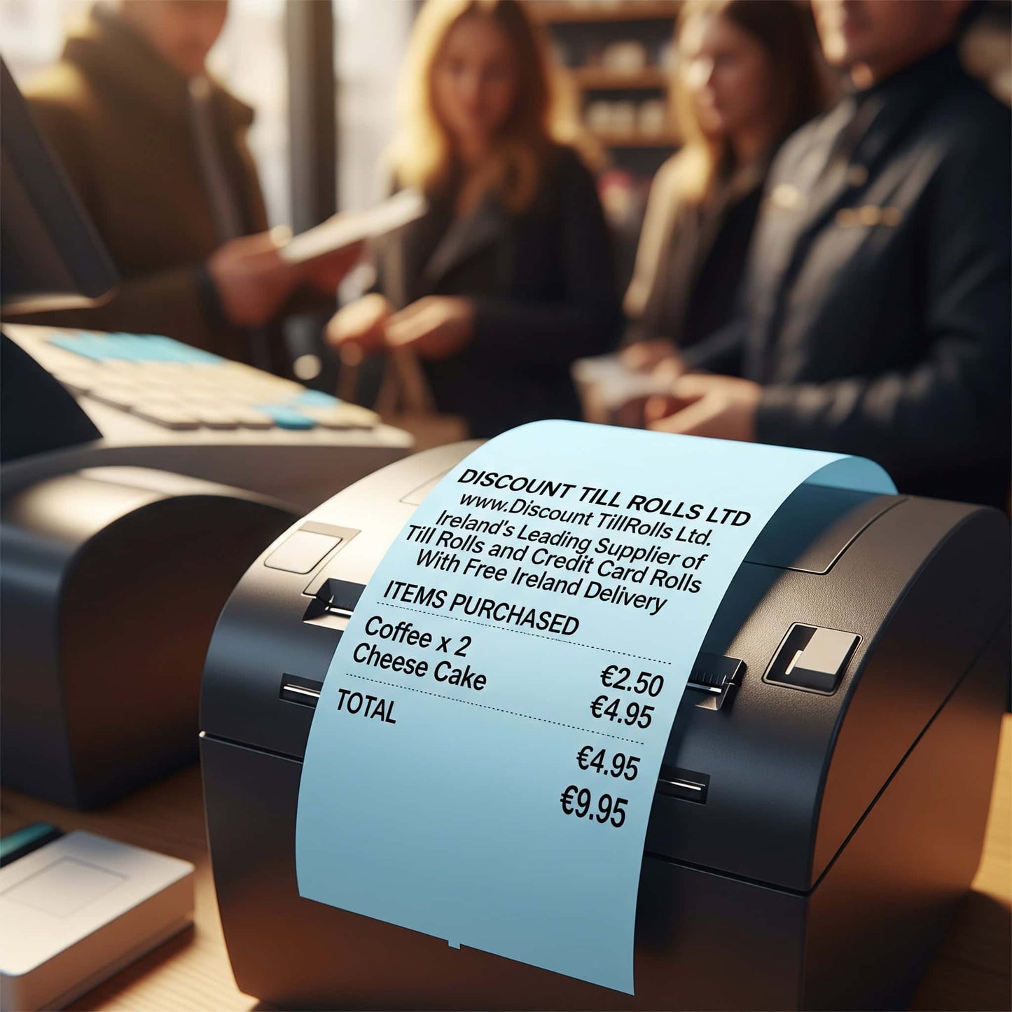 thermal printer printing a blue 80mm teceipt