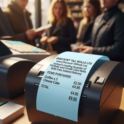 thermal printer printing a blue 80mm teceipt