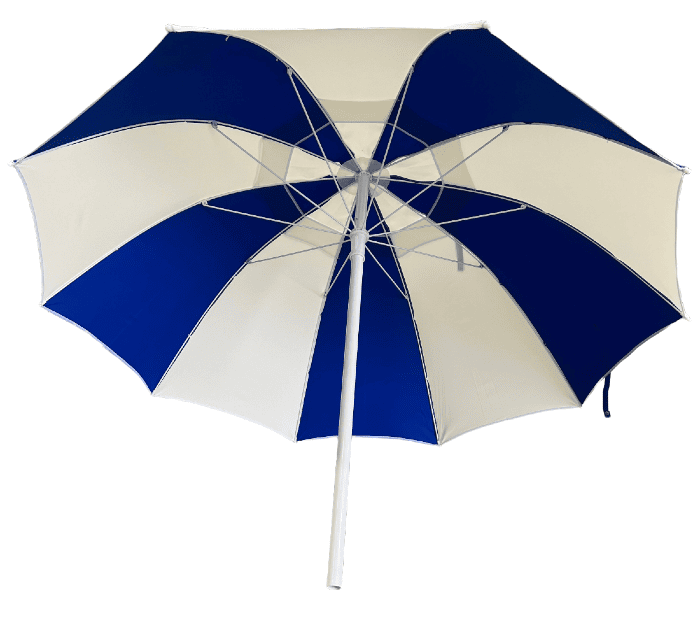 Racecourse Bookies Blue and white umbrella on a white background
