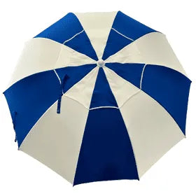 top view Blue and white racecourse bookmakers umbrella on a white background