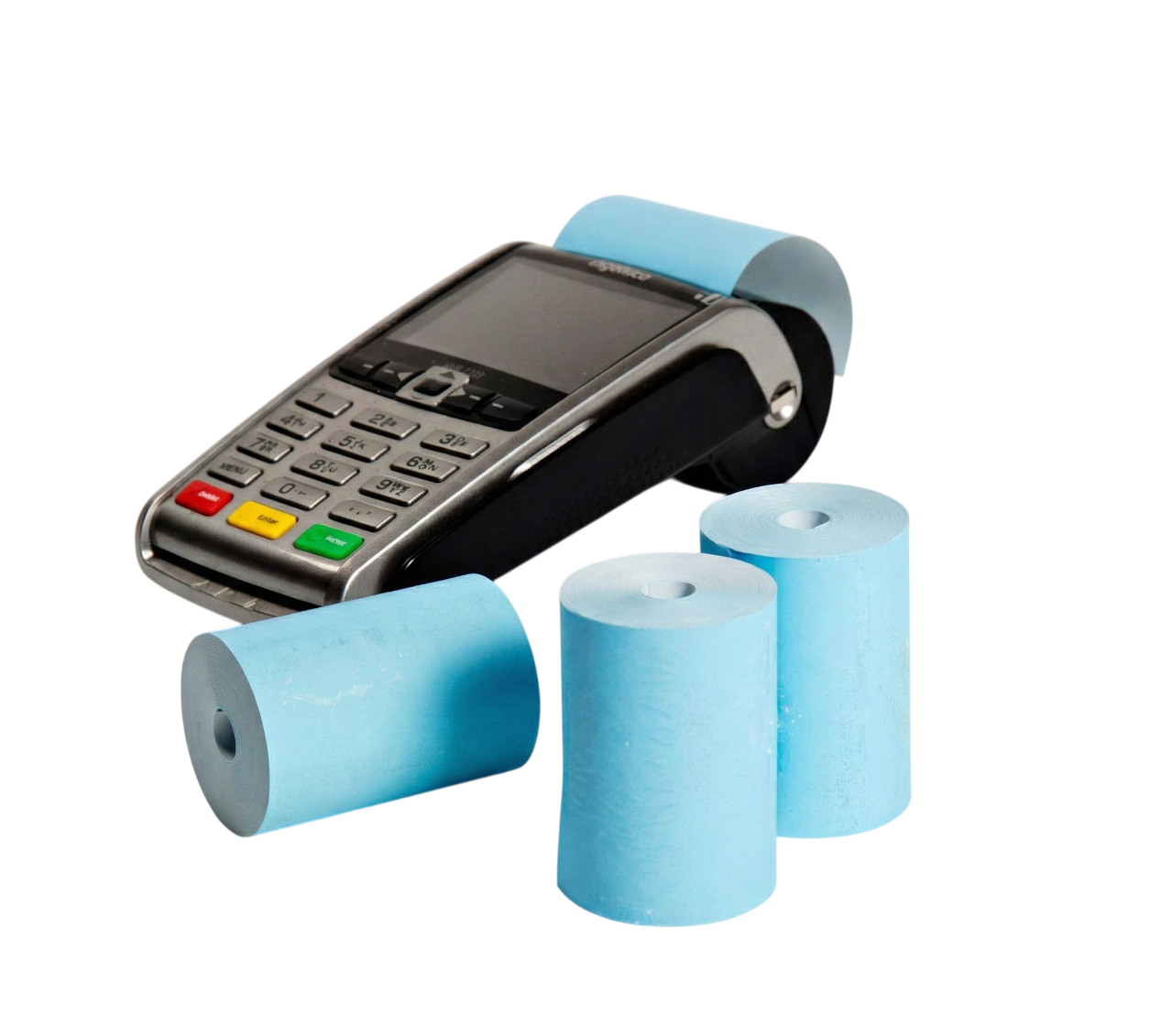 Credit card terminal with 2 blue credit card rolls siting at the side on a white background