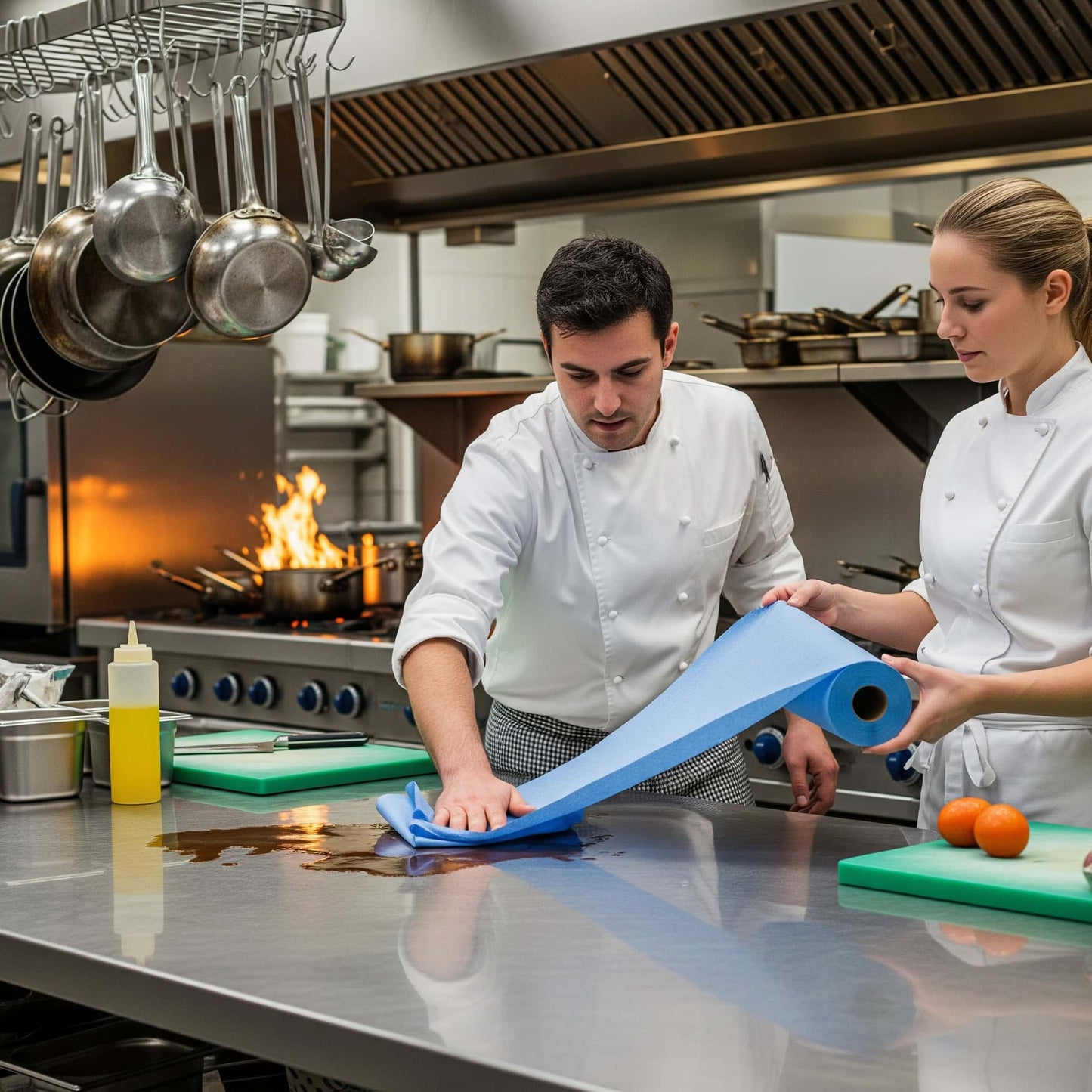 Two chefs in a kitchen using a blue towel on a metal counter.