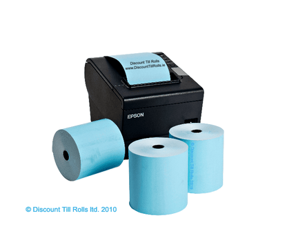 Epson printer with three blue roll labels on a white background