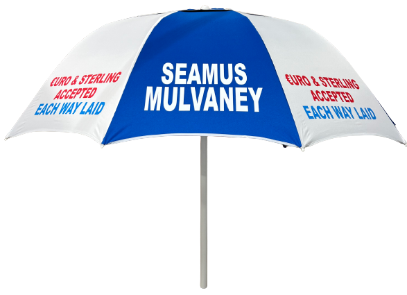 Bookmakers Blue / White Racecourse Umbrella with 'Seamus Mulvaney' branding on a white background