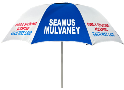 Bookmakers Blue / White Racecourse Umbrella with 'Seamus Mulvaney' branding on a white background