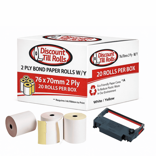 76x70mm 2 Ply Kitchen Docket Rolls | White/Yellow Bond Paper | 20 Roll Box