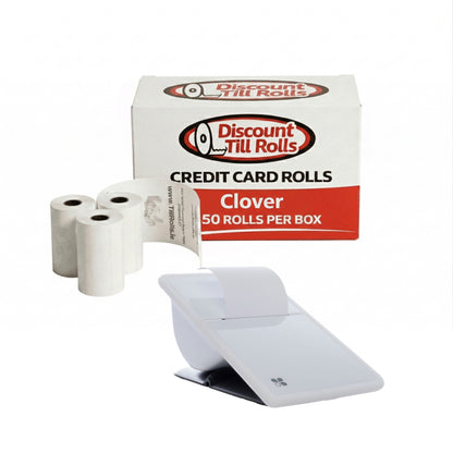 Box of Discount Till Rolls Clover mobile credit card rolls with three rolls and a card reader on a white background