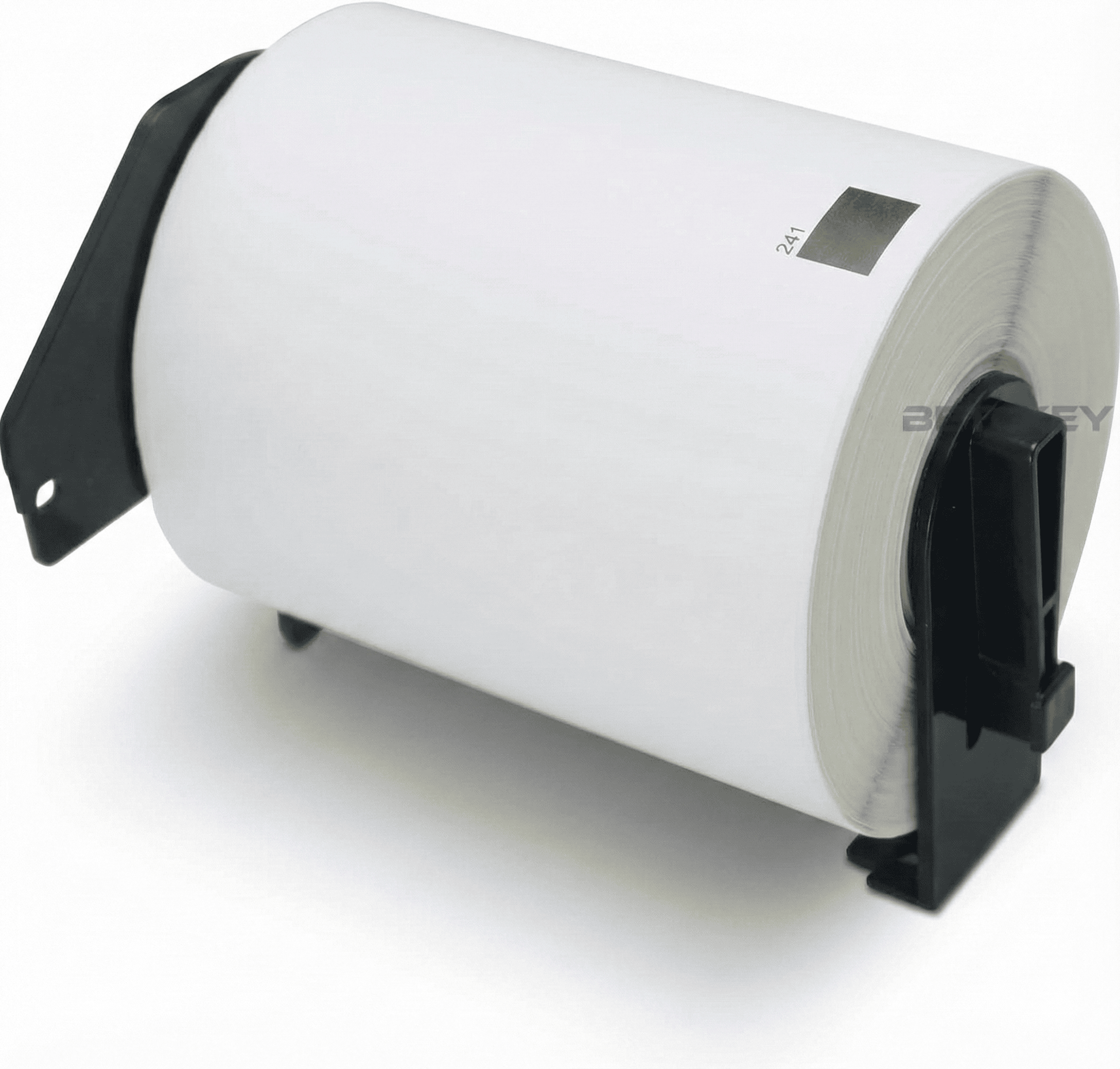 Roll of Brother DK-11247white label paper with black backing on a white background