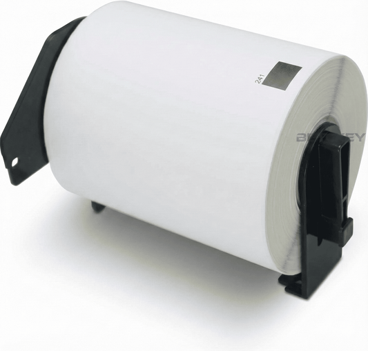 Roll of Brother DK-11247white label paper with black backing on a white background