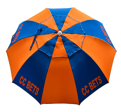 top viw of a branded " CC" BETS blue orange racecourse bookmaker umbrella 