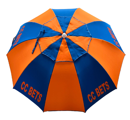 top viw of a branded " CC" BETS blue orange racecourse bookmaker umbrella 