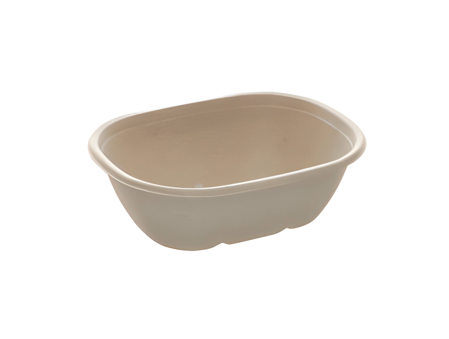 Beige 770cc Compostable Oval Tall Pulp Bowl on a white background