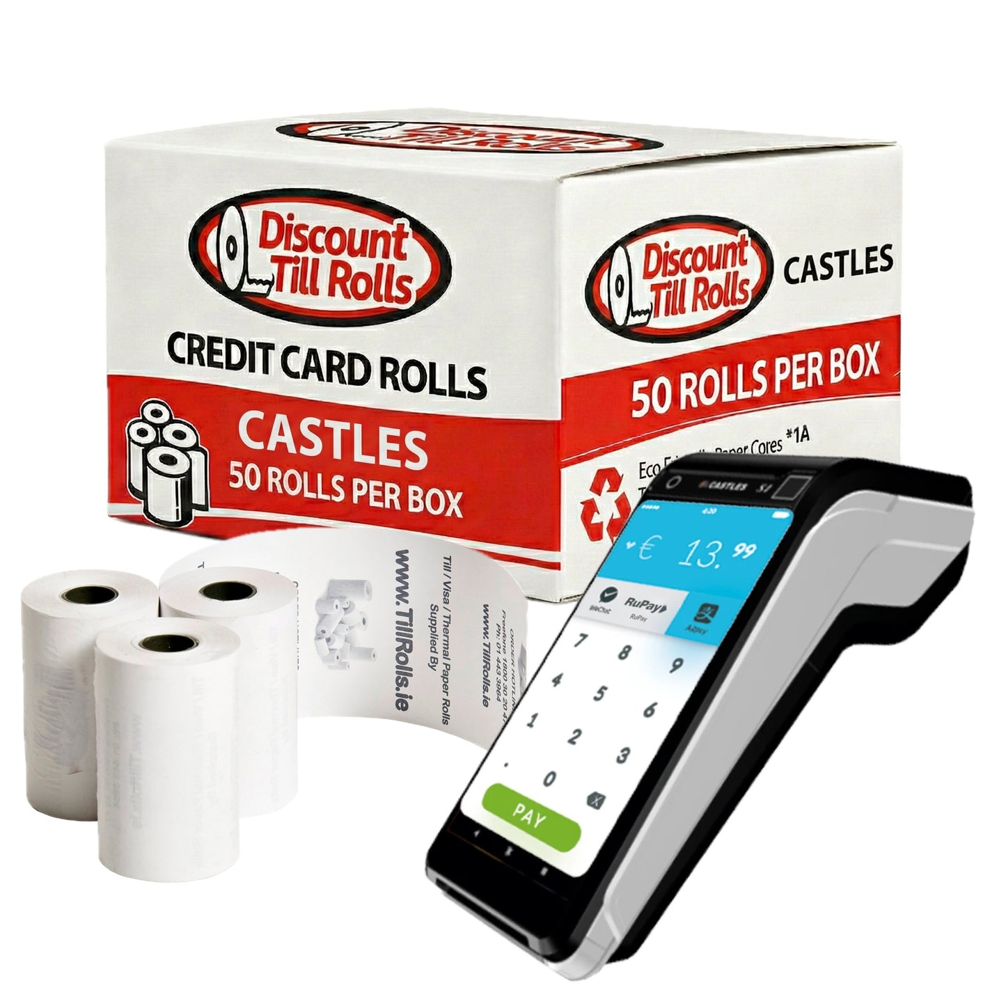 Castles SATURN 1000 Thermal Receipt Rolls 57x40mm  with the Sturn 1000 terminal beside it on a white background